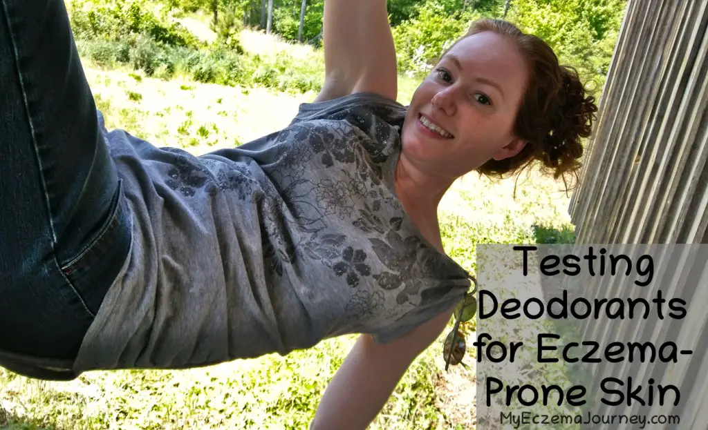 redhaired lady hanging sideways with text overlay: testing deodorants for eczema-prone skin